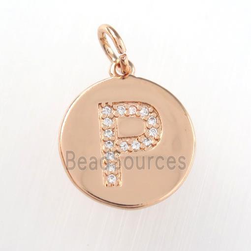 copper pendant paved zircon, letter P, rose gold