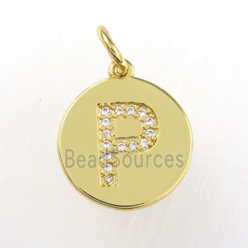 copper pendant paved zircon, letter P, gold plated