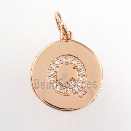 copper pendant paved zircon, letter Q, rose gold