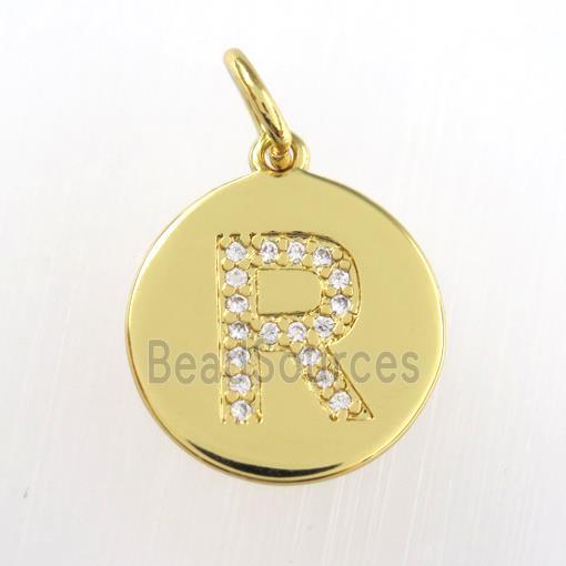 copper pendant paved zircon, letter R, gold plated