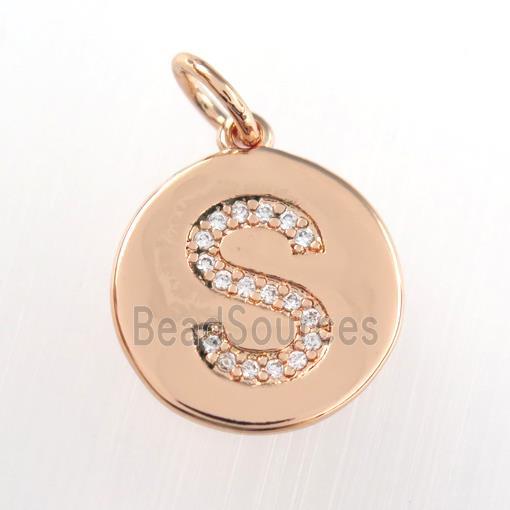 copper pendant paved zircon, letter S, rose gold