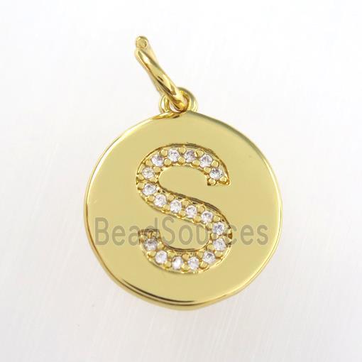 copper pendant paved zircon, letter S, gold plated