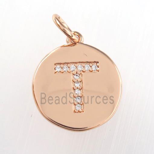 copper pendant paved zircon, letter T, rose gold