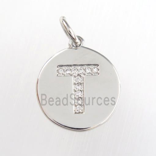 copper pendant paved zircon, letter T, platinum plated