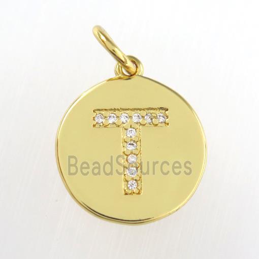 copper pendant paved zircon, letter T, gold plated