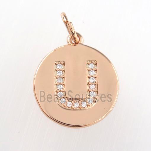 copper pendant paved zircon, letter U, rose gold