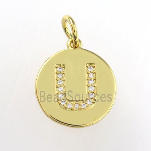 copper pendant paved zircon, letter U, gold plated