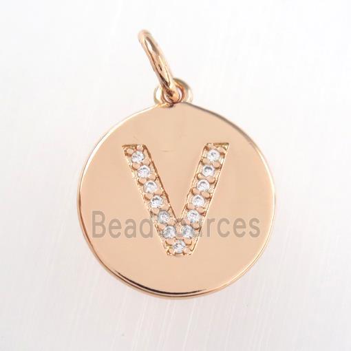 copper pendant paved zircon, letter V, rose gold