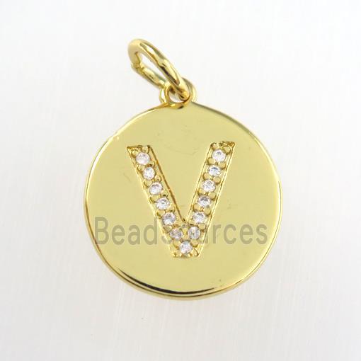 copper pendant paved zircon, letter V, gold plated