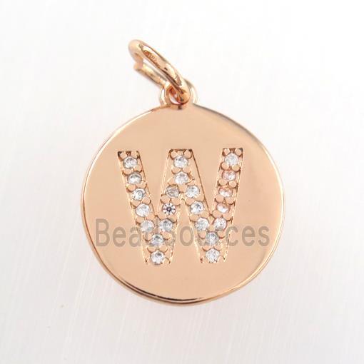 copper pendant paved zircon, letter W, rose gold