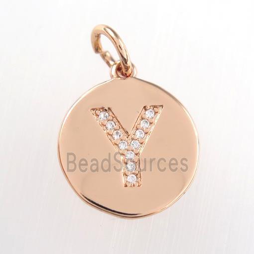 copper pendant paved zircon, letter Y, rose gold