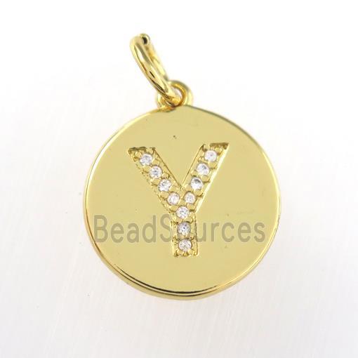 copper pendant paved zircon, letter Y, gold plated