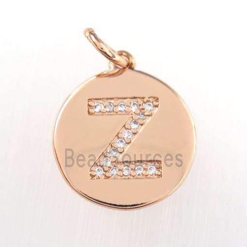 copper pendant paved zircon, letter Z, rose gold