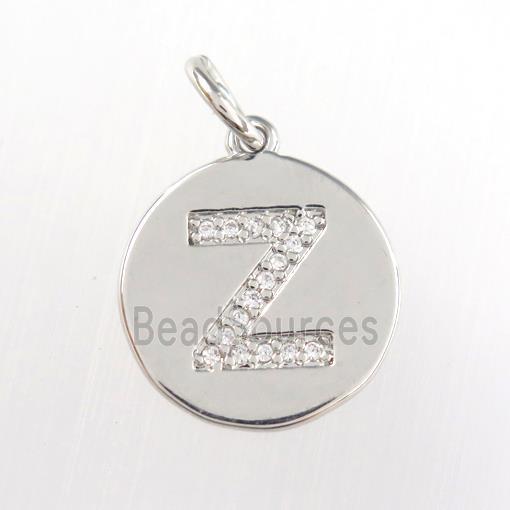 copper pendant paved zircon, letter Z, platinum plated