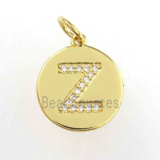 copper pendant paved zircon, letter Z, gold plated