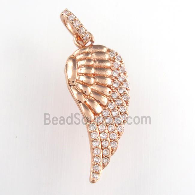 copper angel wing pendant paved zircon, rose gold