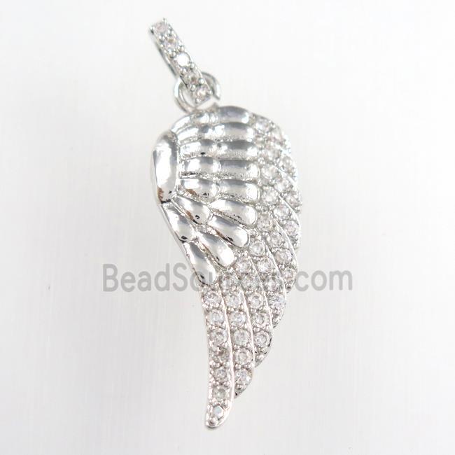 copper angel wing pendant paved zircon, platinum plated