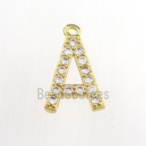 copper pendant paved zircon, letter A, gold plated