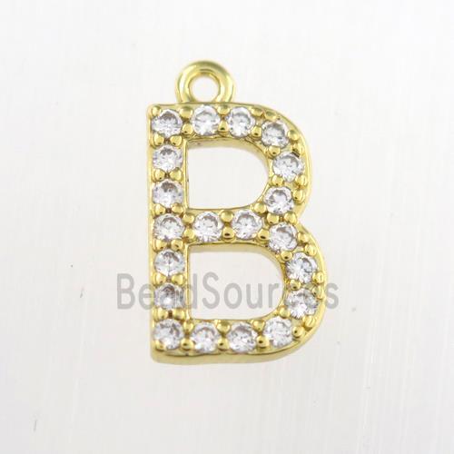 copper pendant paved zircon, letter B, gold plated