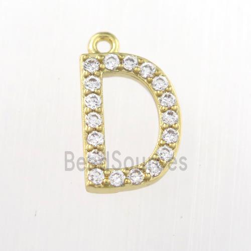 copper pendant paved zircon, letter D, gold plated