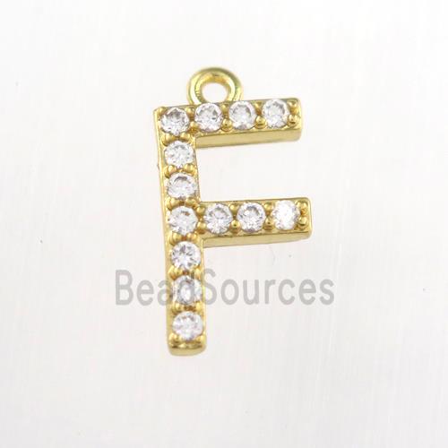 copper pendant paved zircon, letter F, gold plated