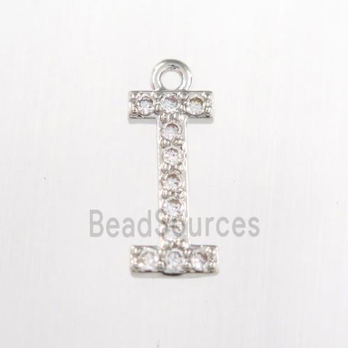 copper pendant paved zircon, letter I, platinum plated