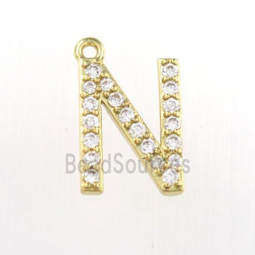 copper pendant paved zircon, letter N, gold plated