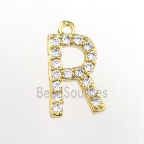 copper pendant paved zircon, letter R, gold plated