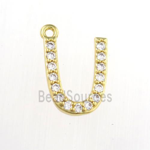 copper pendant paved zircon, letter U, gold plated