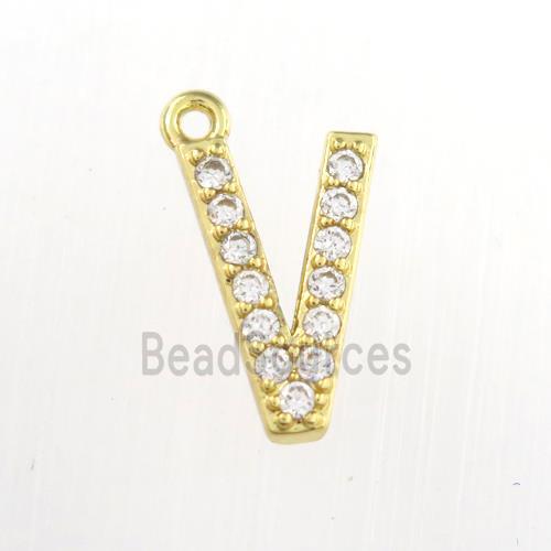 copper pendant paved zircon, letter V, gold plated