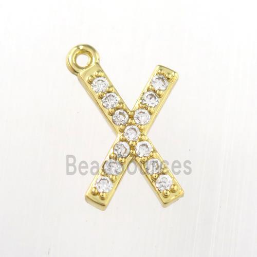 copper pendant paved zircon, letter X, gold plated