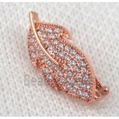 copper pendant paved zircon, leaf, rose gold