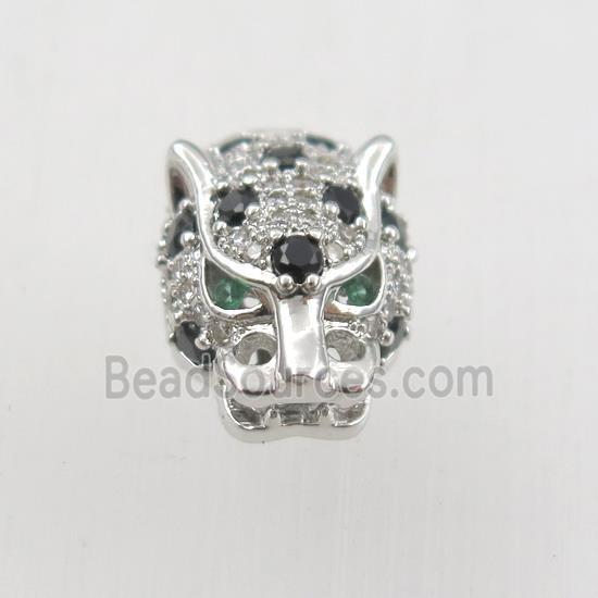 copper leopardhead beads paved zircon, platinum plated