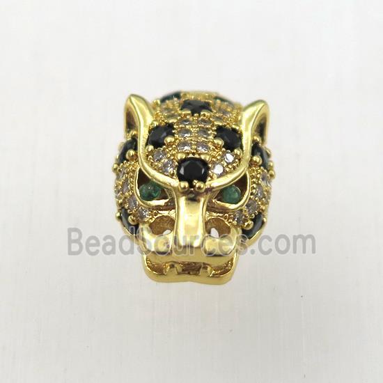 copper leopardhead beads paved zircon, gold plated