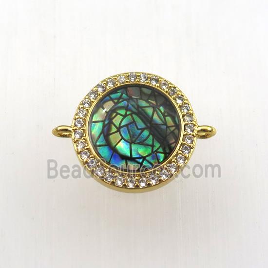 copper circle connector paved zircon with abalone shell, gold plated