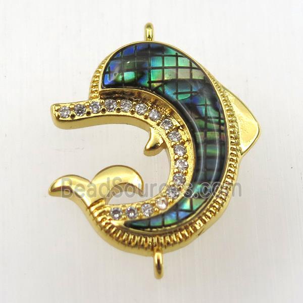 copper dolphin connector paved zircon with abalone shell, gold plated