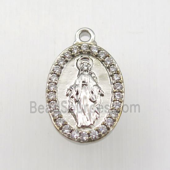 copper Jesus pendant paved zircon, oval, platinum plated