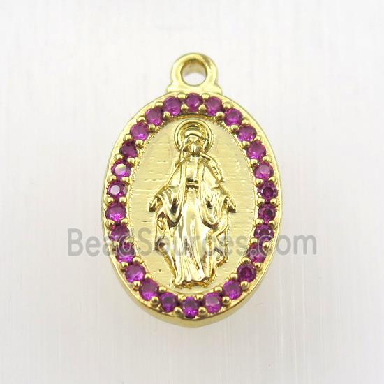 copper Jesus pendant paved zircon, oval, religious, gold plated