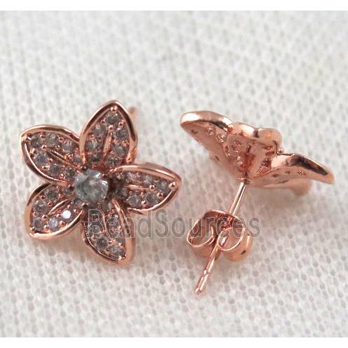 copper flower earring paved zircon, rose gold