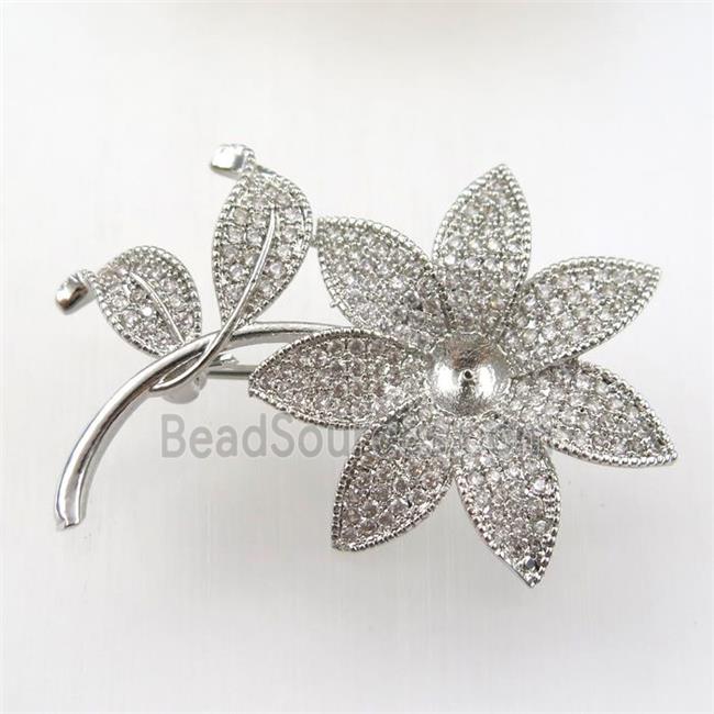 copper flower brooch paved zircon, platinum plated