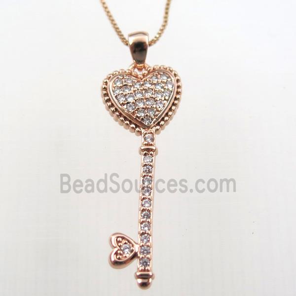 copper necklace with key pave zircon, rose gold