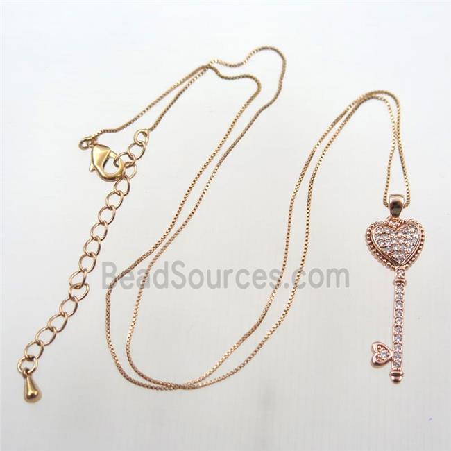 copper necklace with key pave zircon, rose gold