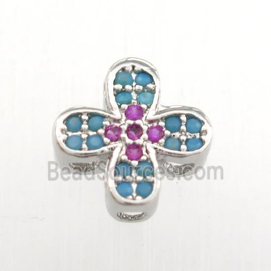 copper cross beads paved zircon, turq, platinum plated