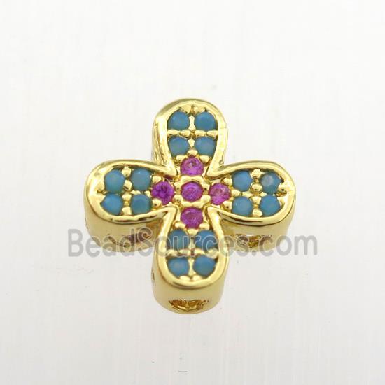 copper cross beads paved zircon, turq, gold plated