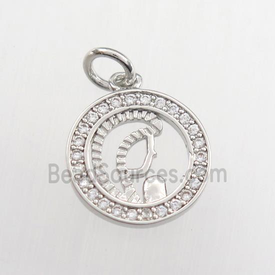 copper pendant paved zircon, circle, platinum plated