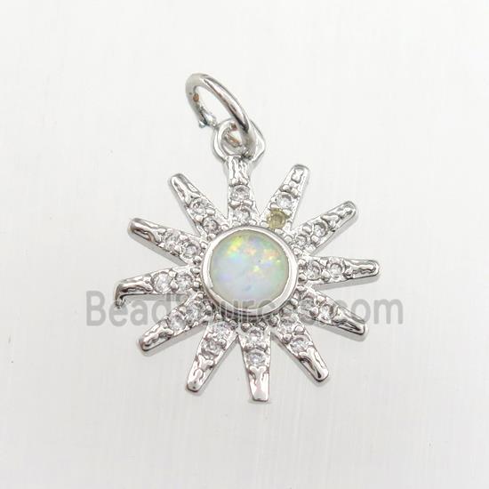 copper sun pendant paved zircon with fire opal, platinum plated