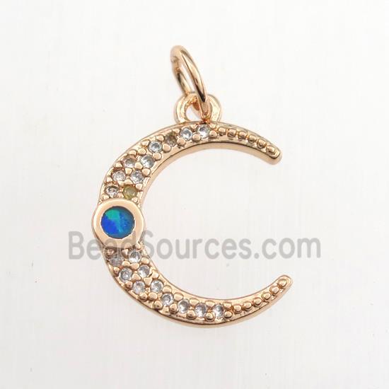 copper moon pendant paved zircon with fire opal, rose gold