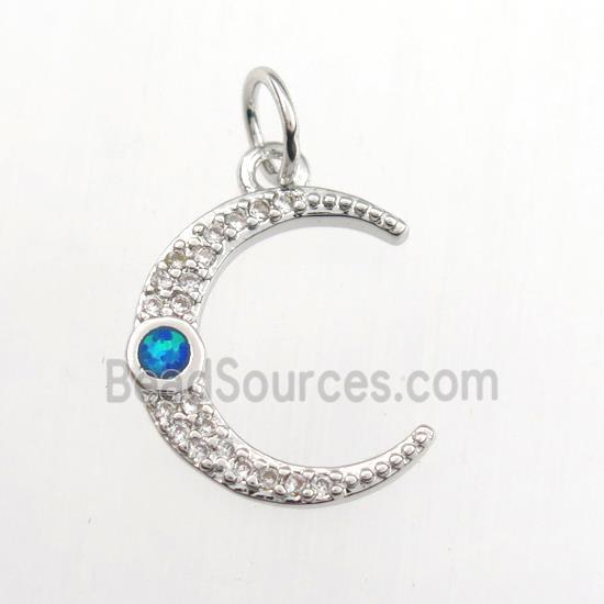 copper moon pendant paved zircon with fire opal, platinum plated