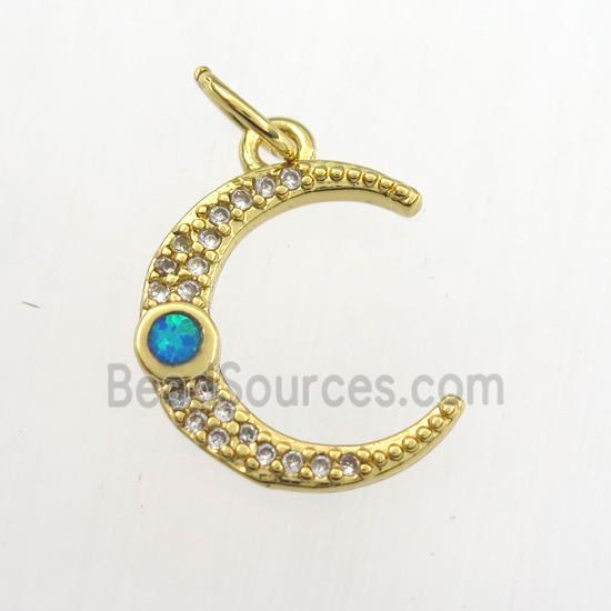 copper moon pendant paved zircon with fire opal, gold plated