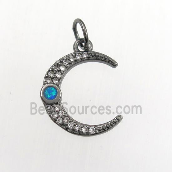 copper moon pendant paved zircon with fire opal, black plated